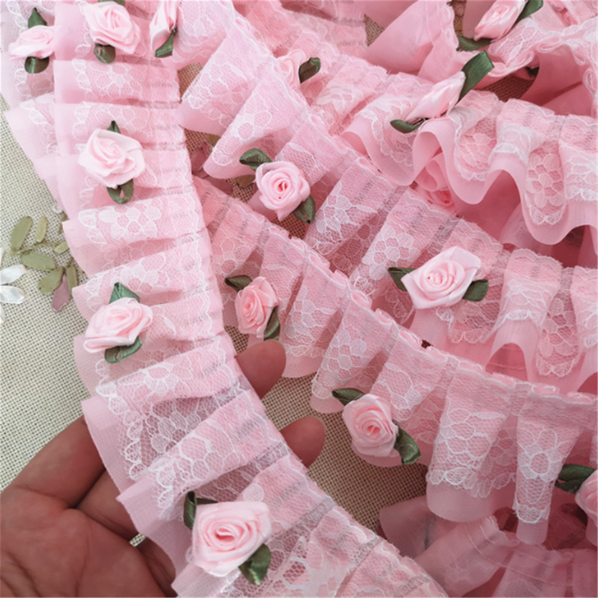3Pc Camellia Ruffled Flower Lace Trim Applique 1yard Chiffon Rose Bridal Wedding
