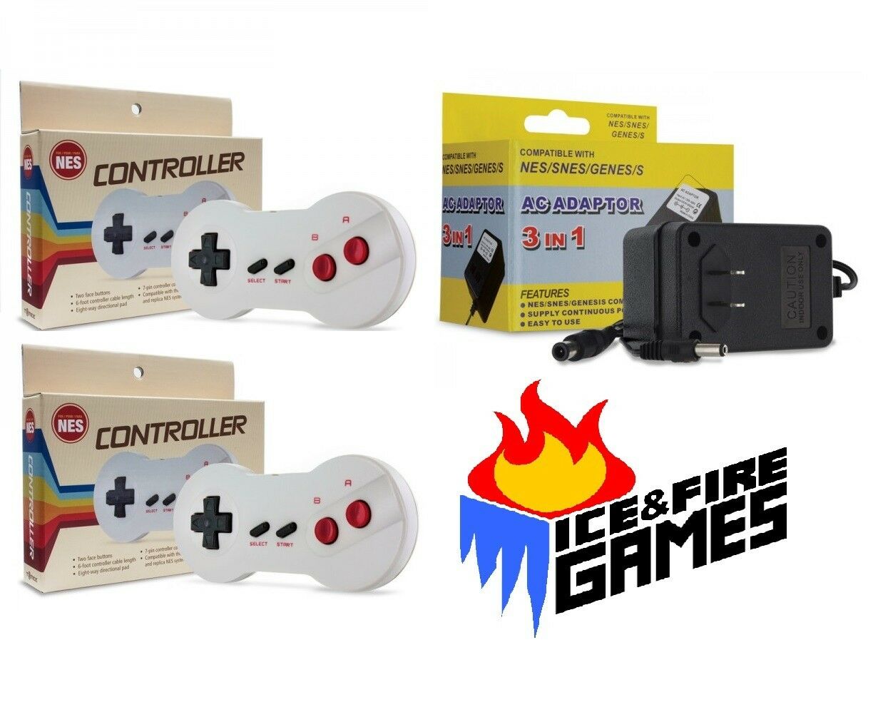 New Nintendo NES Set: 2x Dogbone Controllers + AC Adapter Power Cord