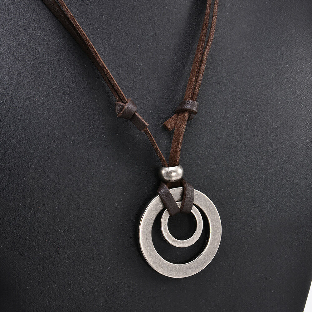 Men Women Retro Double Ring Pendant Adjustable Leather Cord Necklace Jewelry