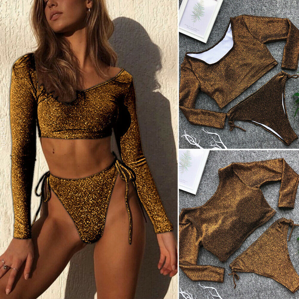 2pcs/set Women Shiny Long Sleeve Sun Block Bikini Sexy High Cut Bathing Swimwear