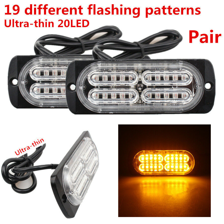 Pair Ultra-thin High Power 20 LED Car Truck Strobe Warning Flashing Light Amber
