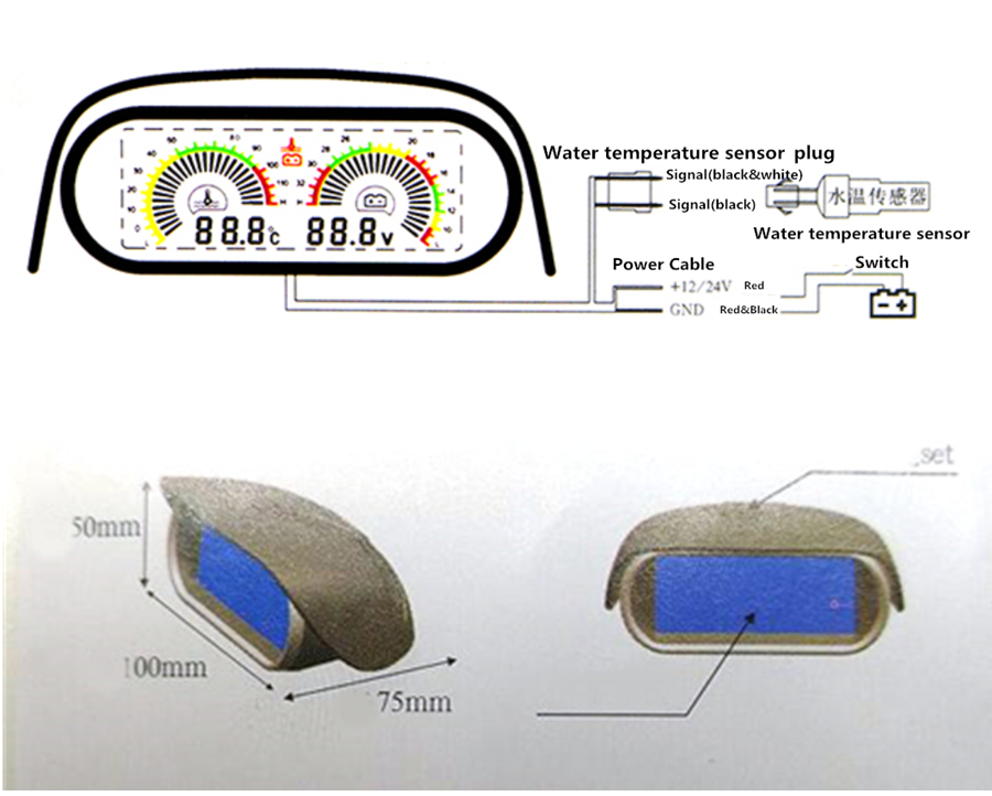 Horizontal 9-36V LCD Digital Car Voltage Gauge Water Temperature Meter+Voltmeter