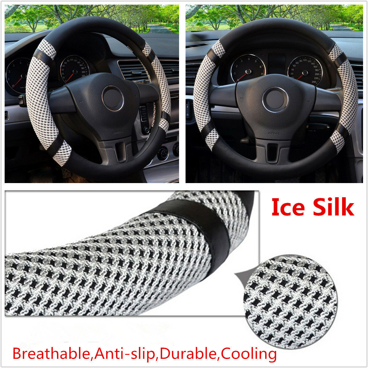 38cm Microfiber Leather Ice Silk Car SUV Steering Wheel Cover Cooling Breathable