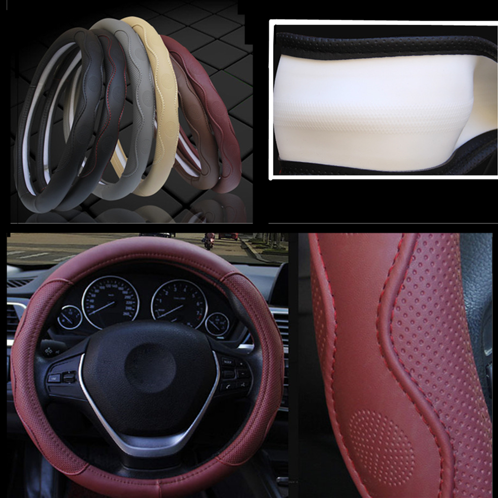 38CM Fiber PU Leather Embossed Car SUV Steering Wheel Cover Sport Style Burgundy