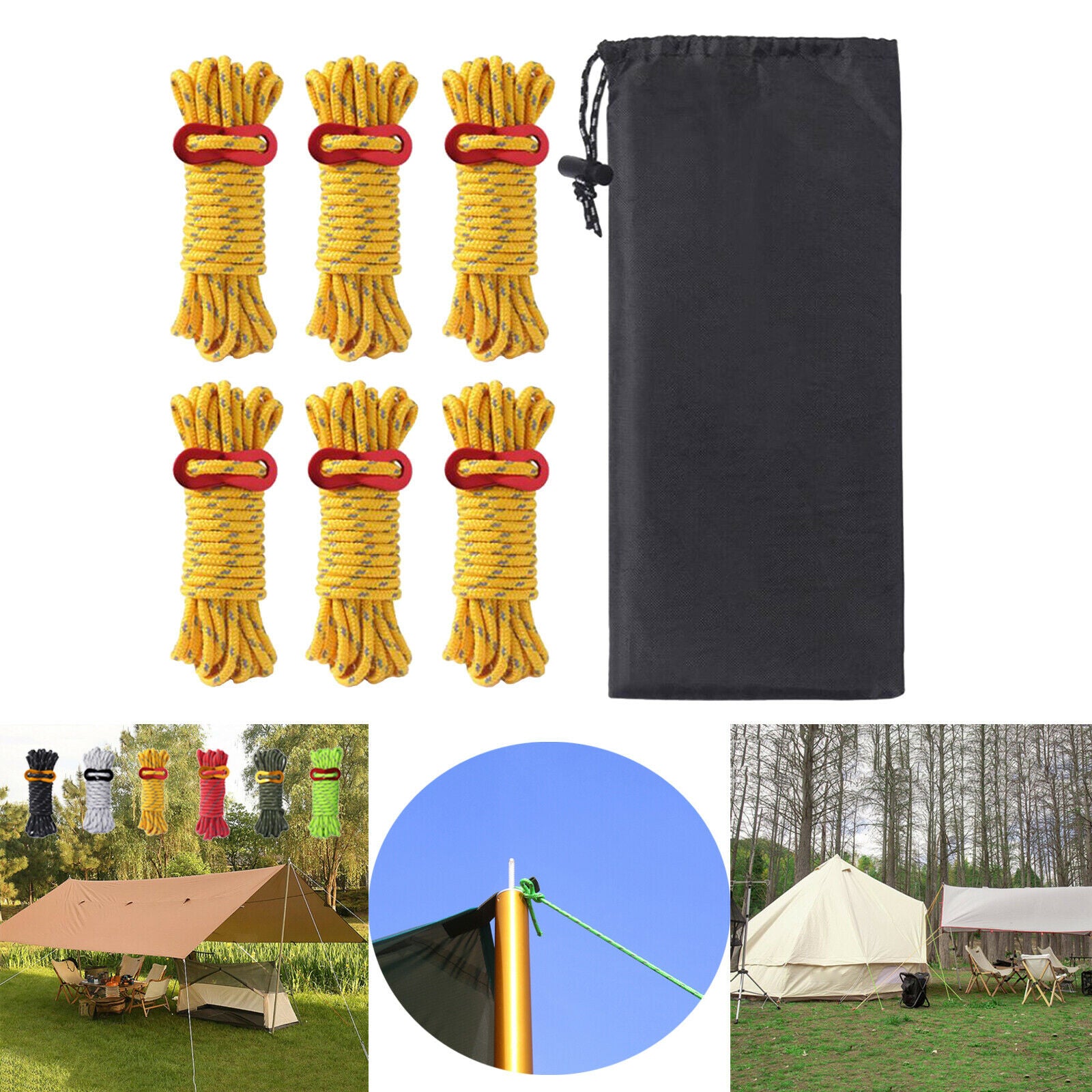 Reflective Guylines Tent Cords 13ft Lightweight for Camping Hiking Yellow