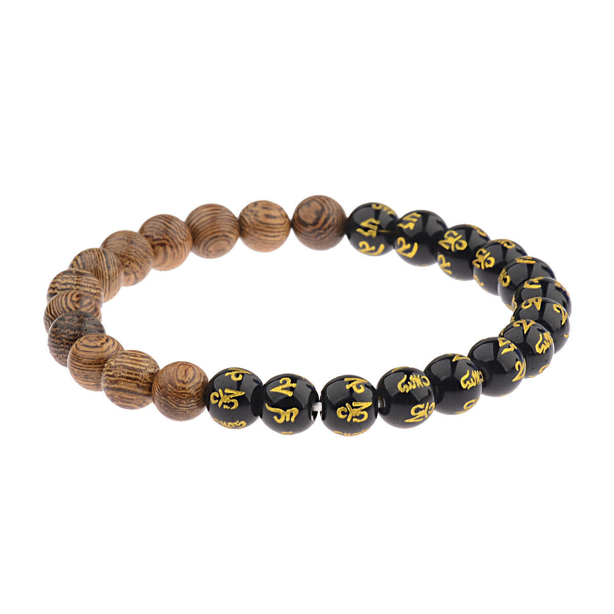 8mm Tibetan Black Agate & Wooden Bead Carve Mantra Om Mani Hum Amulet Bracelets
