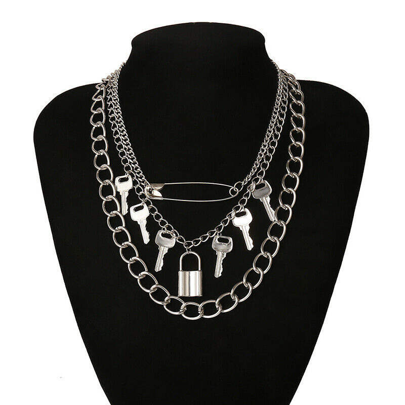 Gothic Big Lock Key Angel Pendant Necklace Punk Hip Hop Choker Necklace J.l8