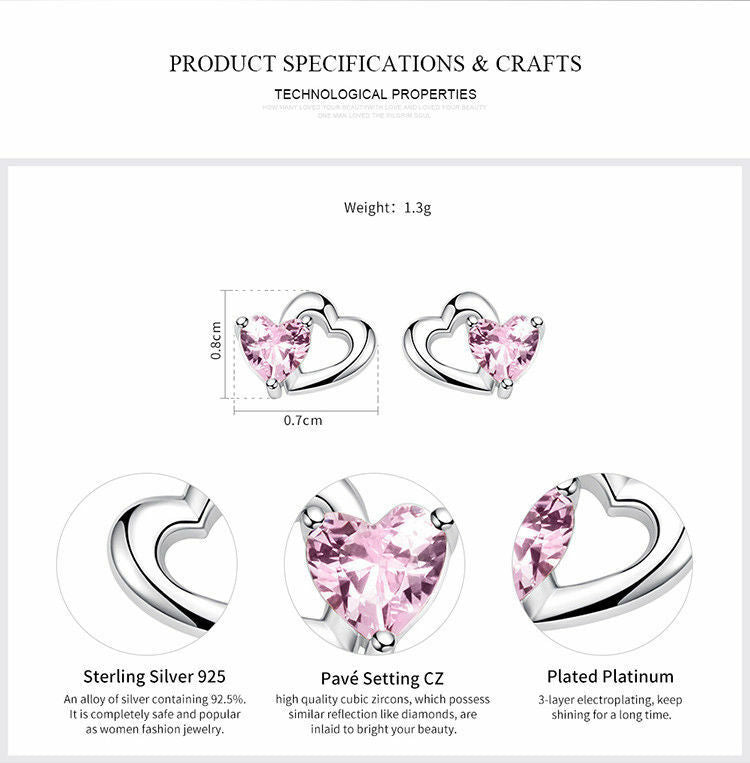 Double Love Heart to Heart Pink CZ Stud Earrings for Women 925 sterling Jewelry