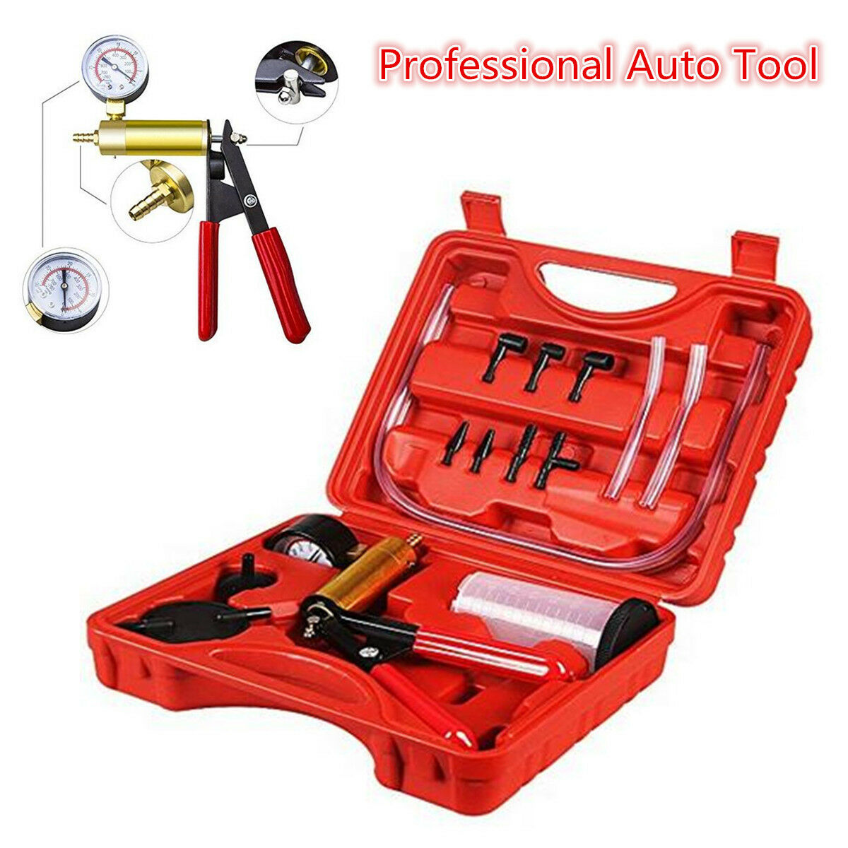16pcs Hand Held Vacuum Pump Tester and Car Brake Fluid Bleeder Replacement Kit