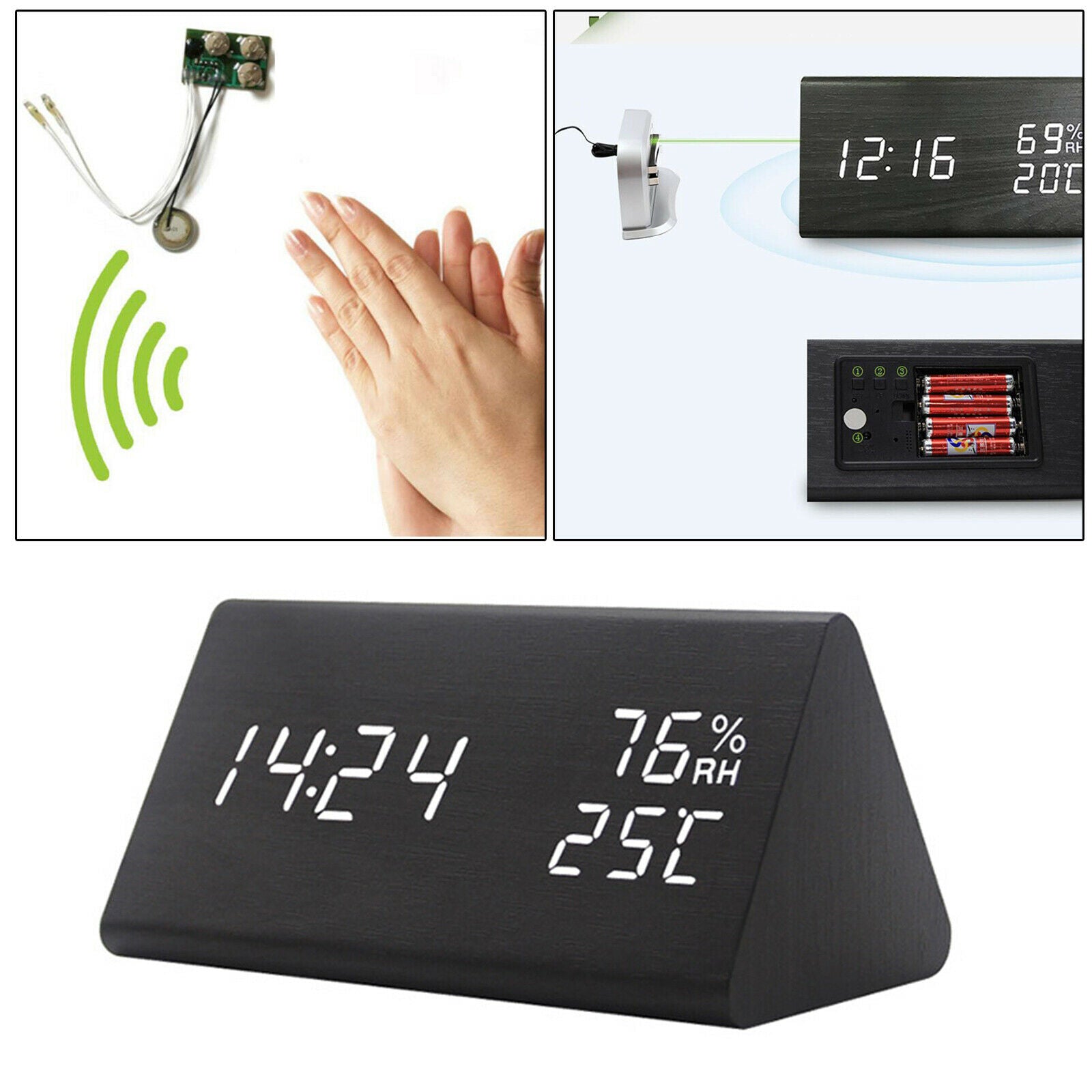 Large Wooden LED Digital Alarm Clock Dimmer USB Charging Bedroom Clocks