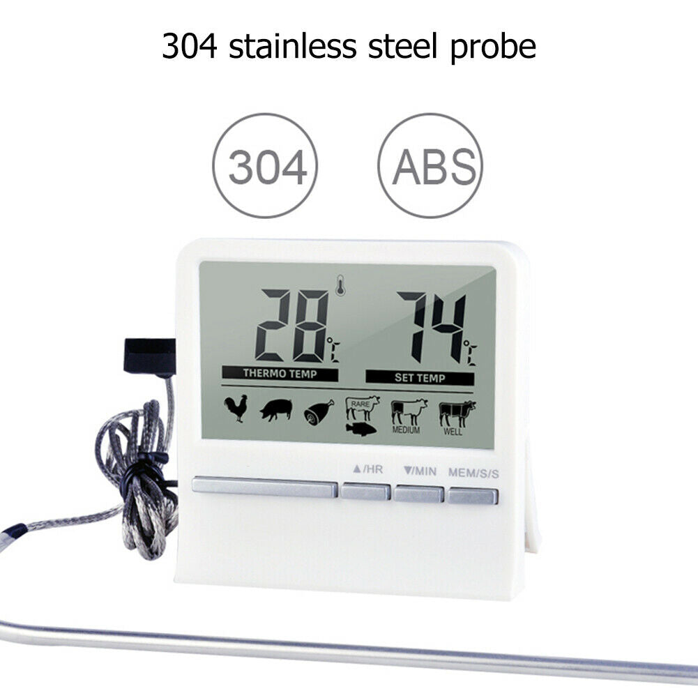 Digital Kitchen Grill Thermometer LCD Display Long BBQ Probe Cook Alarm Timer