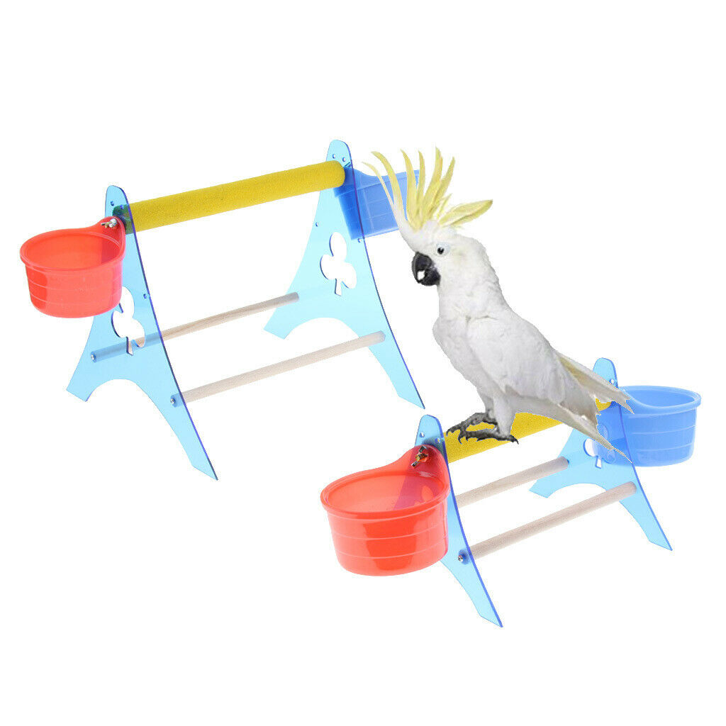 Pet Bird Parrot Table Perch with Cup for Watering & Feeding Small