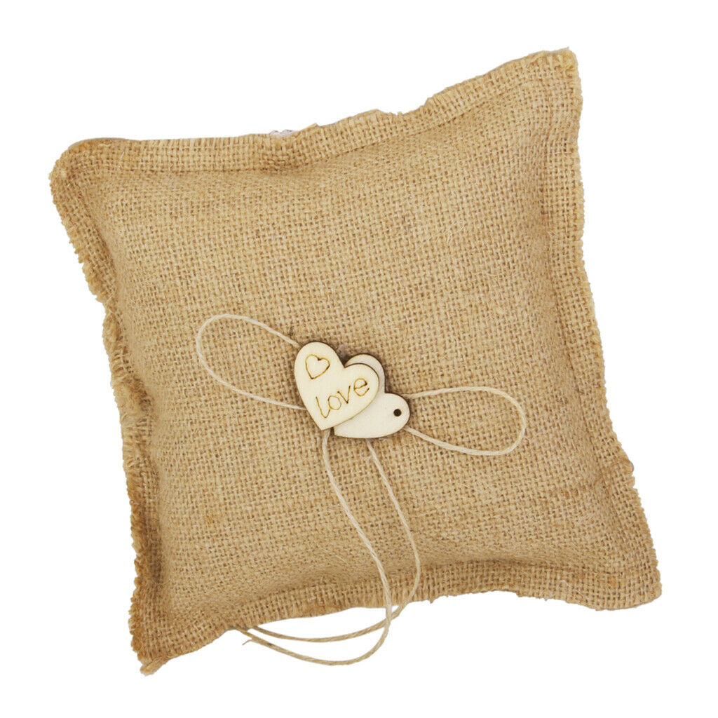 Burlap Hessian Rustic Country Wedding Cushion Pillow Carrier Wood Hearts