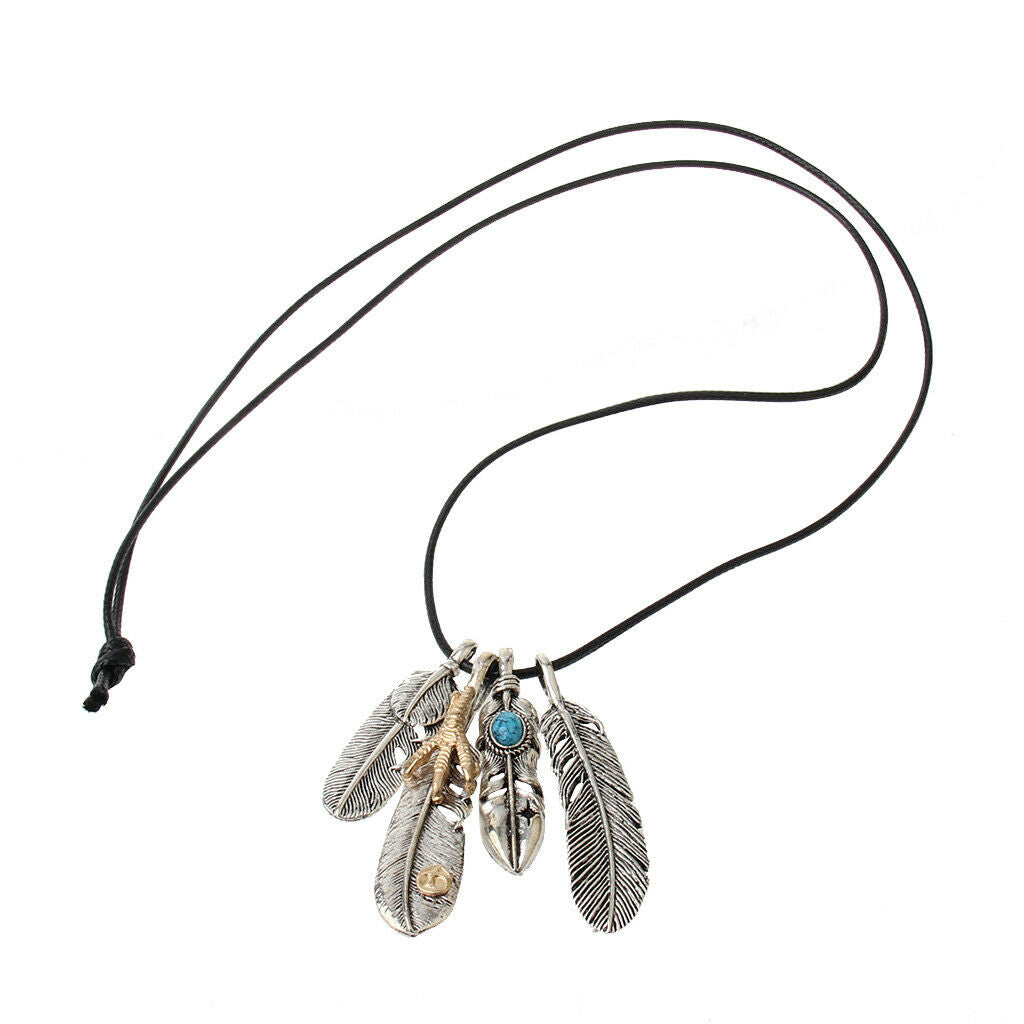 Metal Feather Pendant Unisex Necklace for Mens Womens Wax Braided Cord