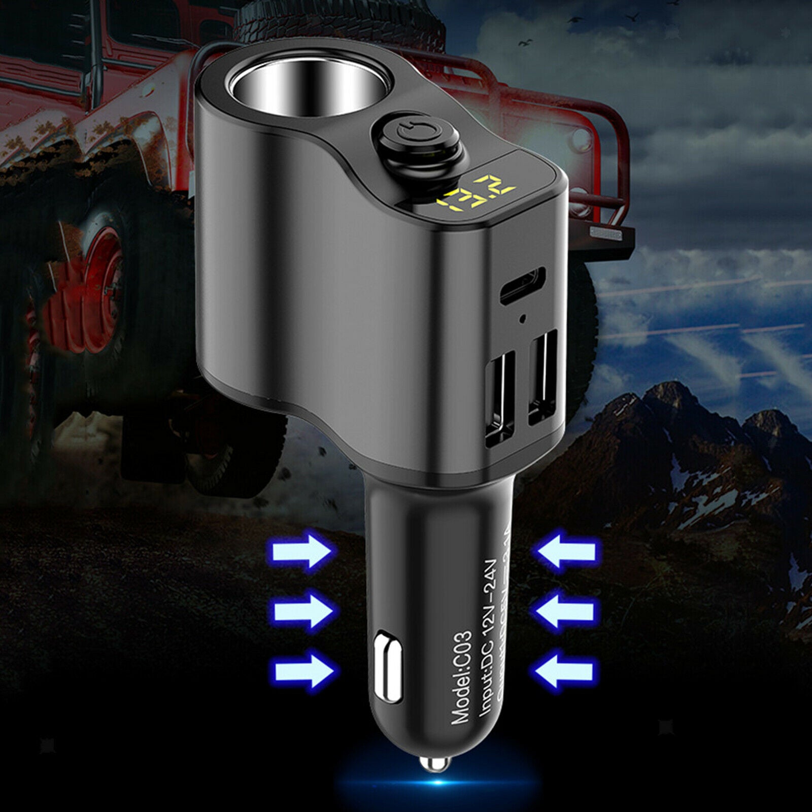 Fast Car Charger FM Transmitter Cigarette Lighter Dual USB Port Type-C Port