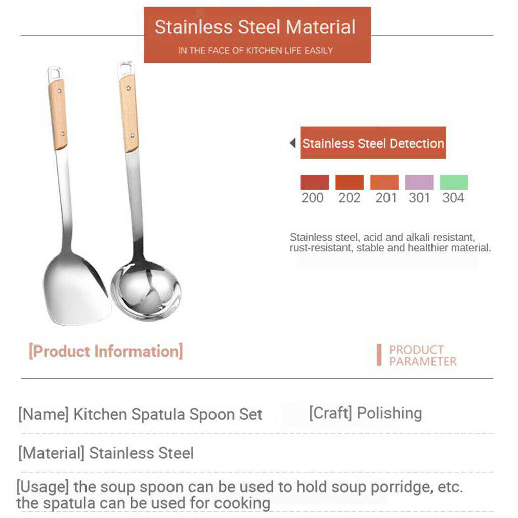 2pack Chinese Stainless Steel Soup Spoon Ladle Wok Spatula Cookware Tools