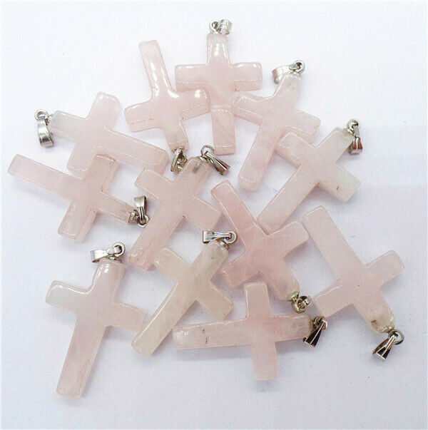 100Pcs 25x18x6mm Wholesale Natural Rose Quartz Cross Pendant Bead DIY HH8275