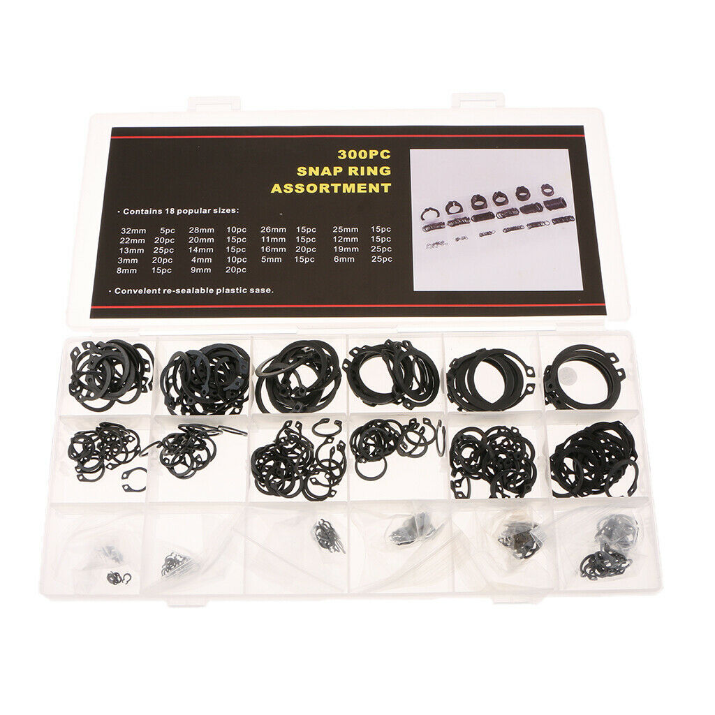 300 Pack of Carbon Steel C-Clip Circlip External Retaining Ring Assortment Set -