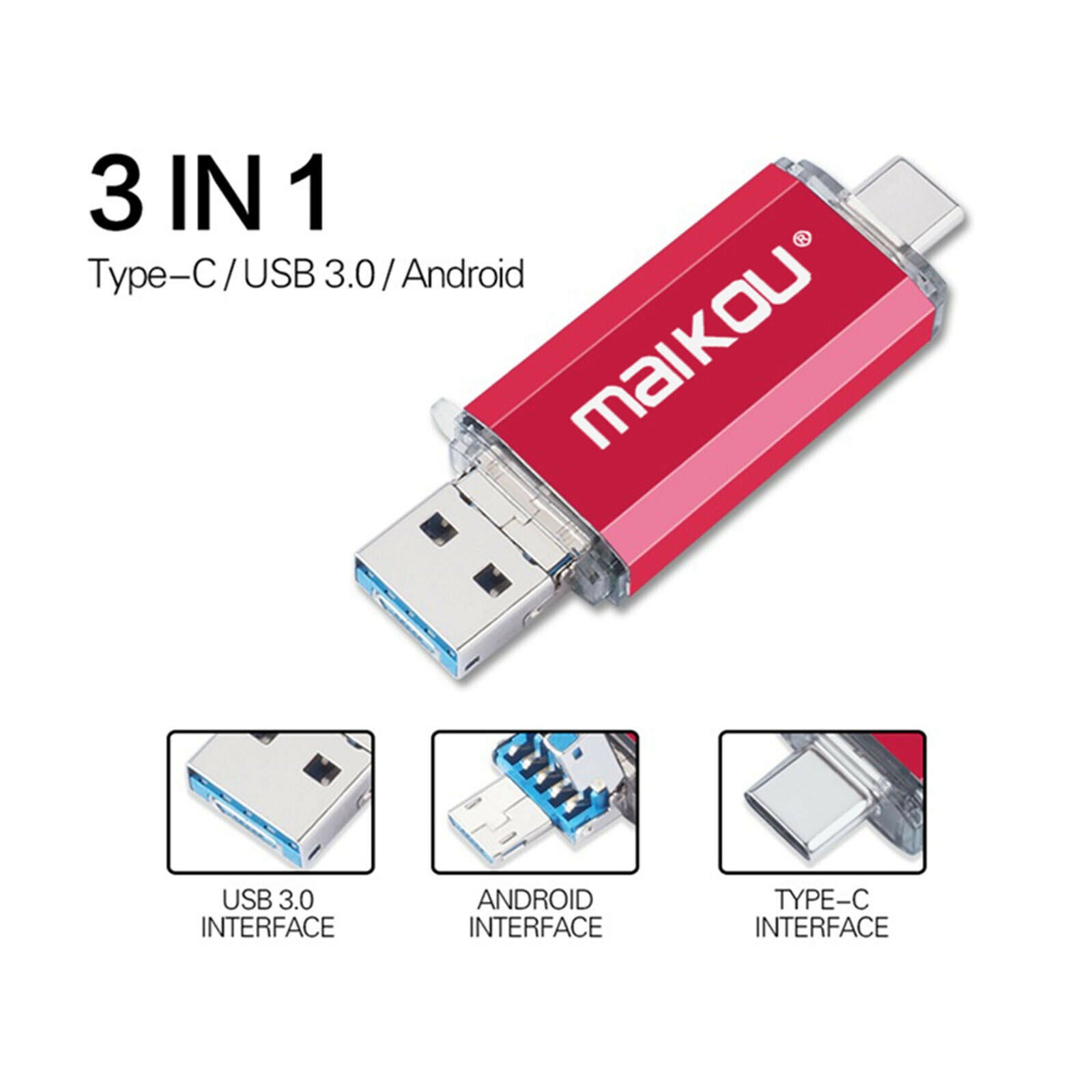 64G USB Flash Drive Type-C&Micro USB Memory Stick for IOS/Android Red