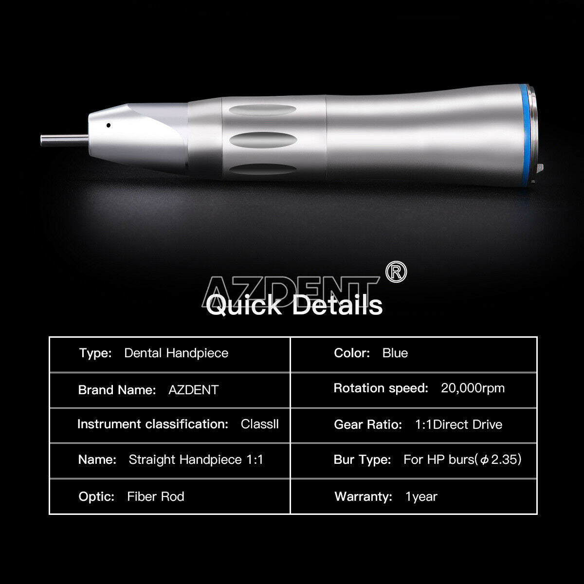 2X AZDENT Dental 1:1 Optic Fiber inner water Low Speed Straight Nose Handpiece
