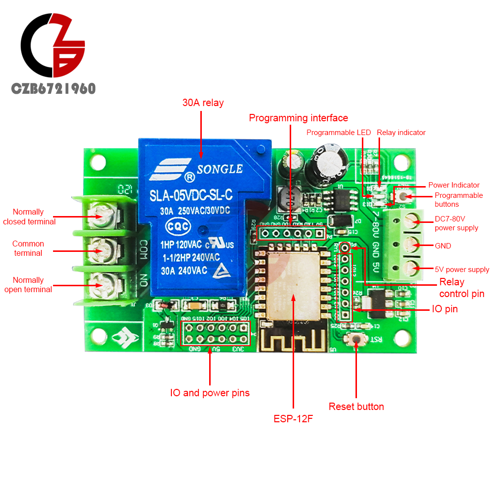 ESP8266 5V 7- 80V 30A WIFI 1/2 Channels Relay Module ESP-12F Development Board