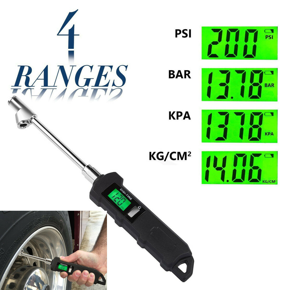 150PSI Digital Tire Pressure Gauge and Air-Releaser w/ 2 Nozzle PSI/BAR/KPA Unit