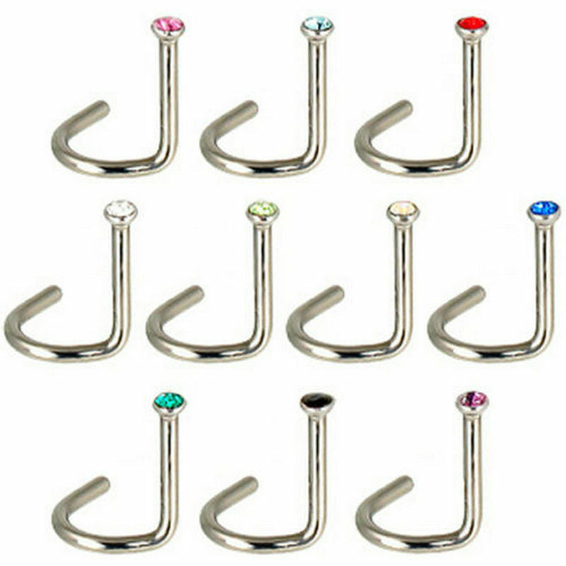 10x Rhinestone Piercing Screw Hoop Stainless Steel Nose Ring Studs Body Jewelry