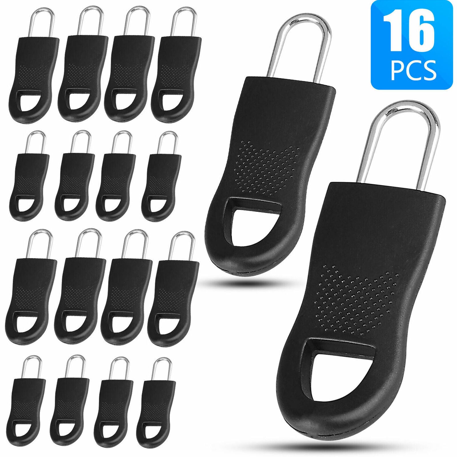 16 Pcs Zipper Pull Replacement Repair Mend Kit For Luggage Jacket Backpack Black