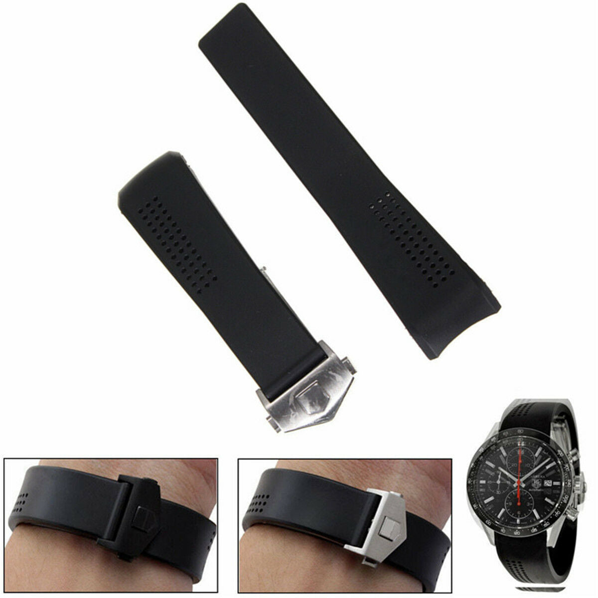 22mm Black Silicone Rubber Band Strap For TagHeuer Carrera With Buckle