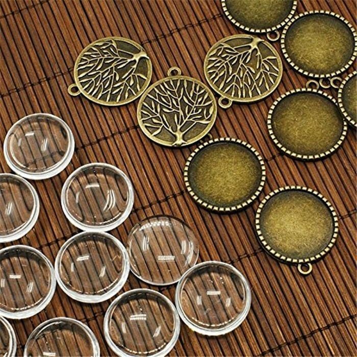 10 sets Retro Bronze Tree Bezel Setting with Glass Dome Round 25mm Photo Pendant