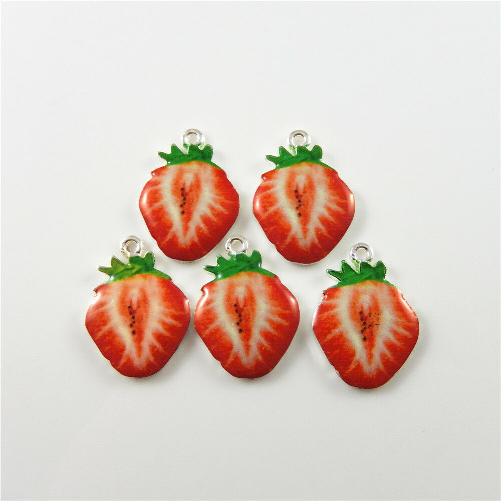 10pcs Enamel Strawberry Charm Fruit Alloy For Pendant Dangle Jewelry DIY 19*26mm
