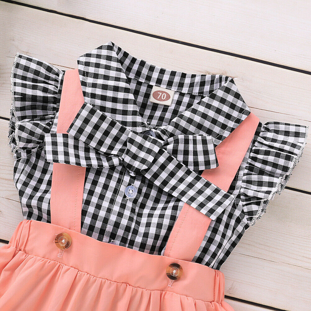 Baby Girls Suit Plaid Shirt + Suspender Skirt + Headband Summer Clothing Set