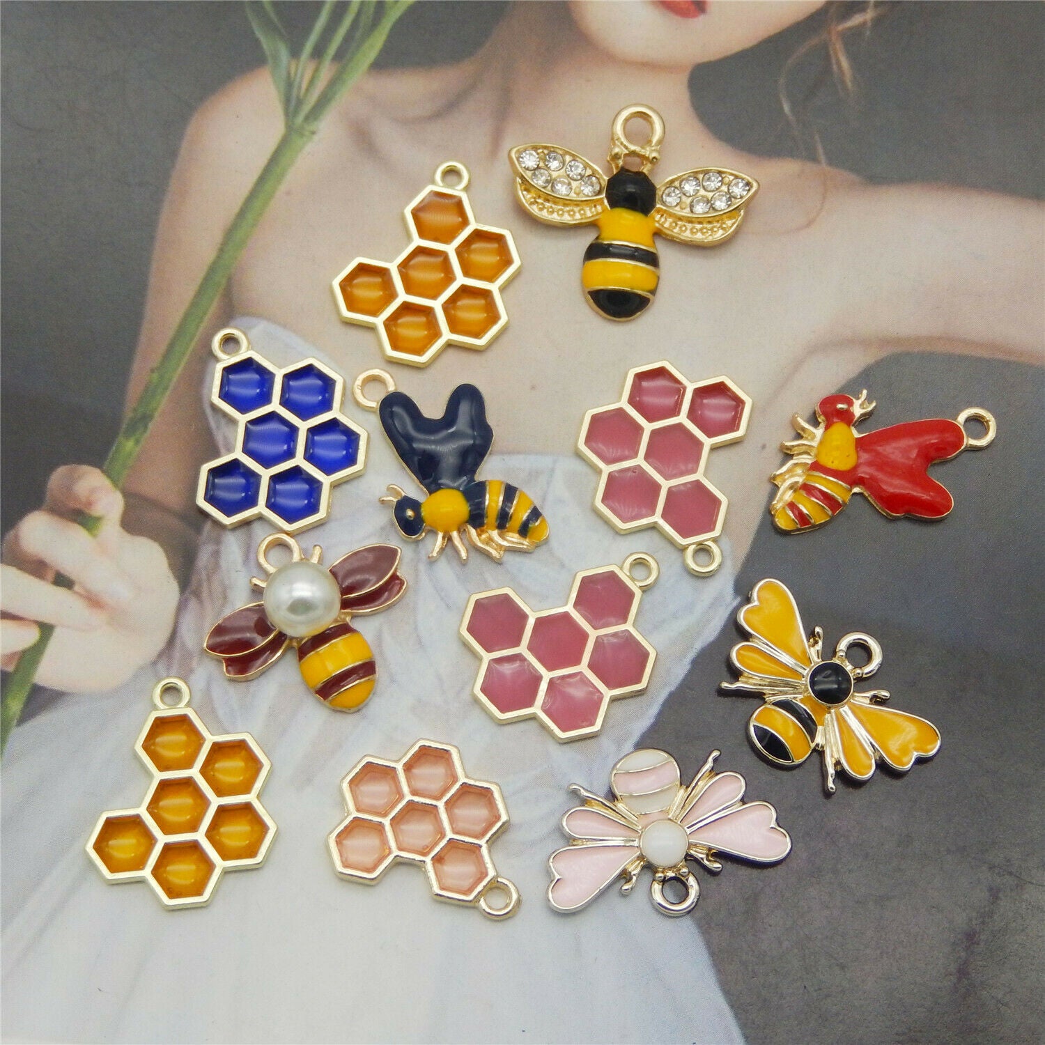 12 PCS Assorted Honeycomb Enamel Charm Bee Pendant for Bracelet Necklace Craft