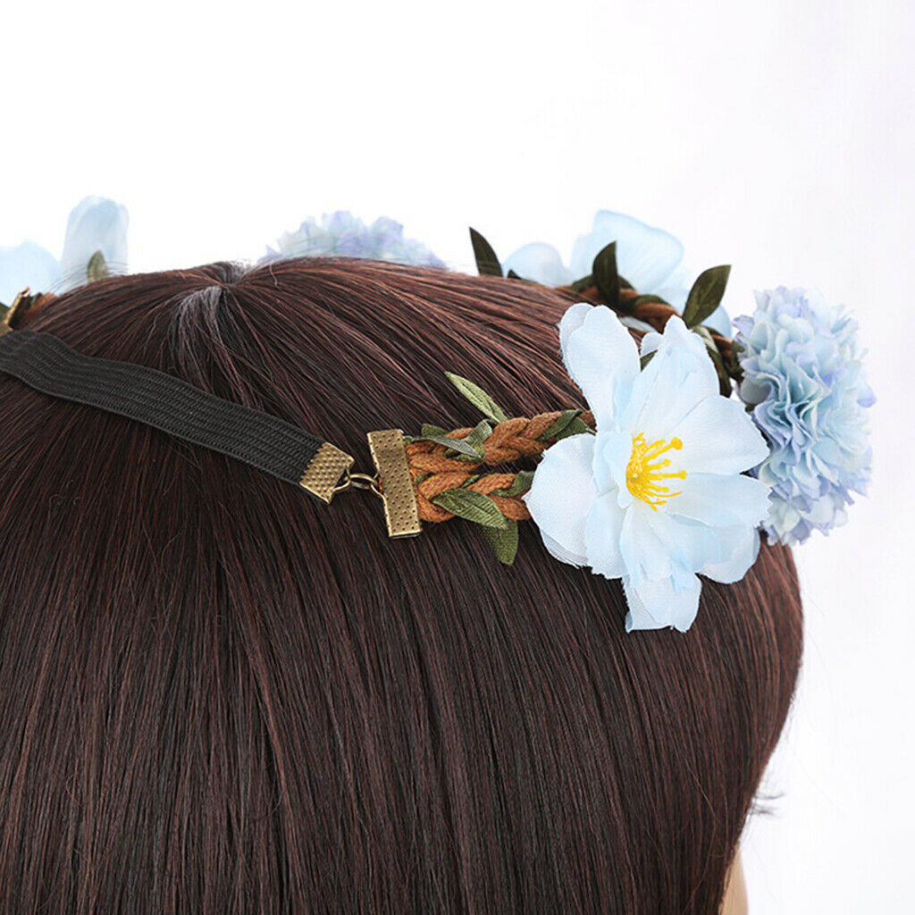 Sweet Baby Blue Flower Leaf Garland Hairband Bridal Wreath Elastic Headband