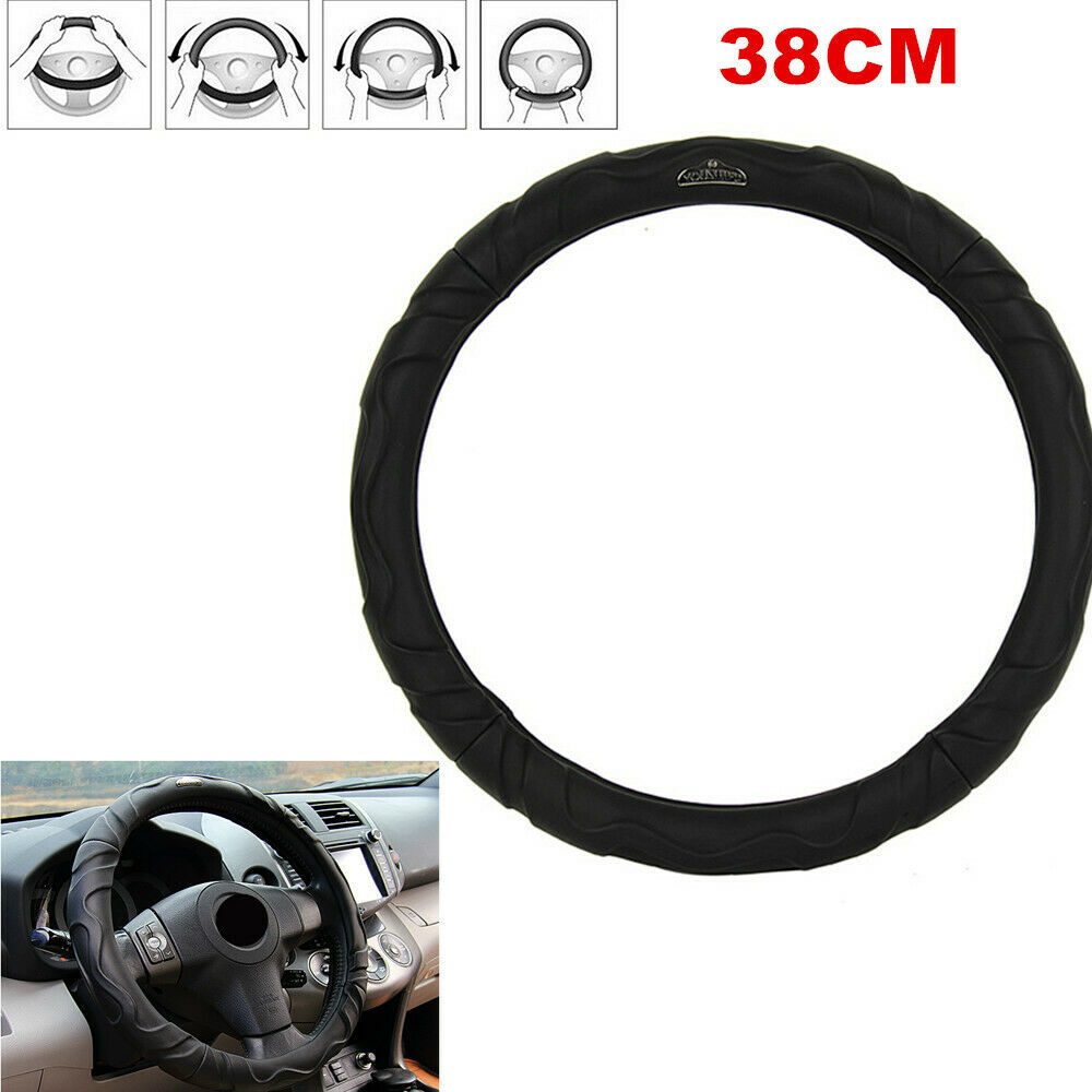 38CM Car Steering Wheel Cover Universal SUV Auto Black PU Leather Wear Non-slip