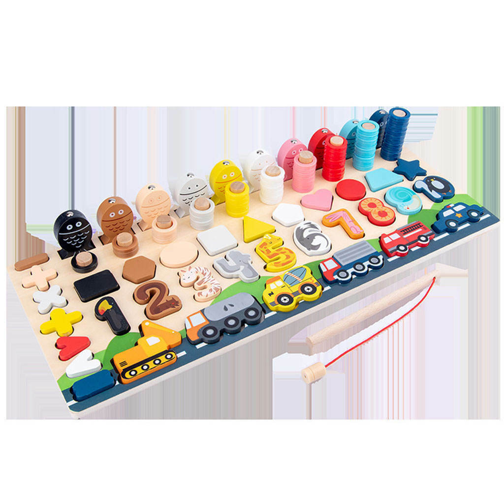 Wood Number Puzzle Shape Match Pegs Board Counting Sorting Fishing Game Early