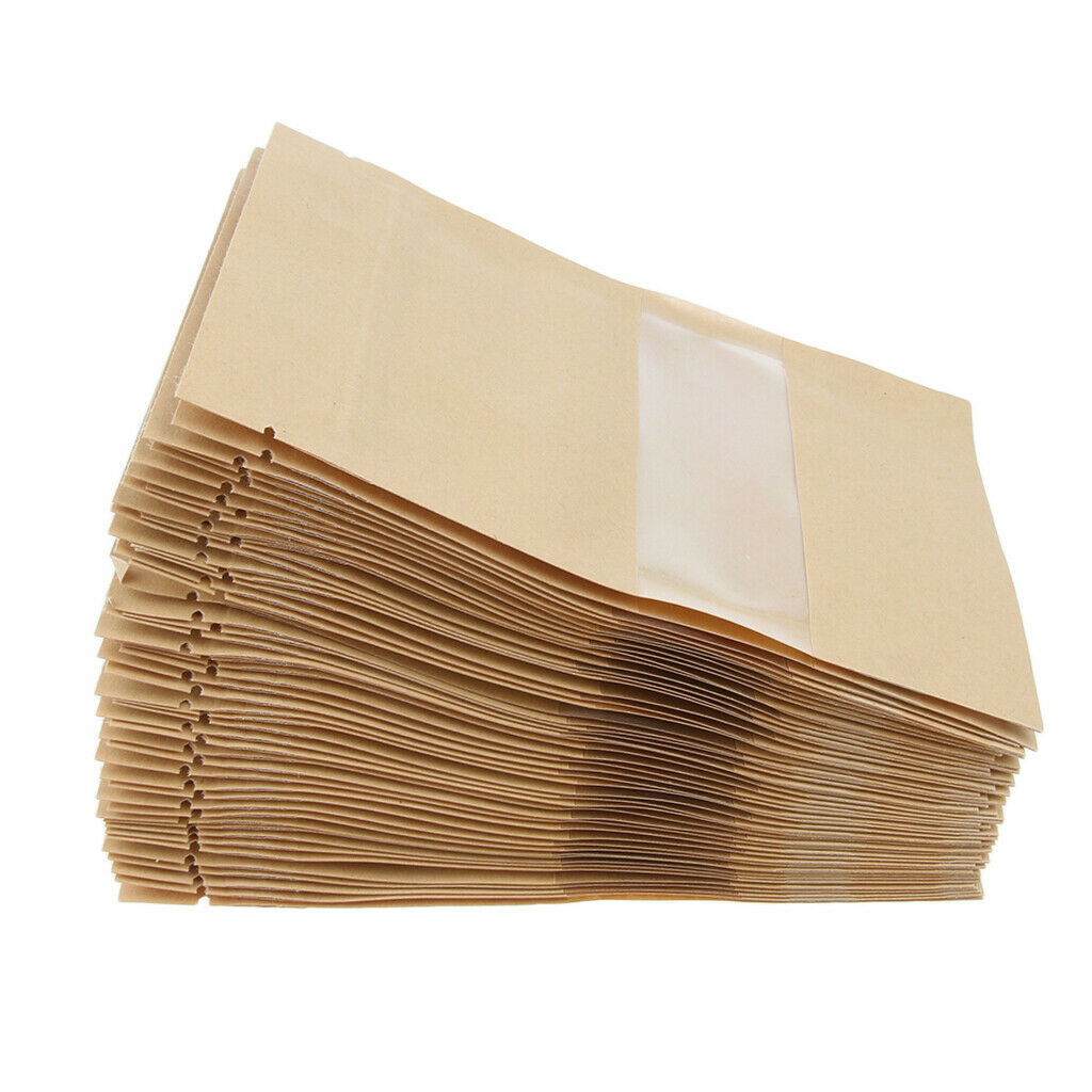 50x Kraft Paper Bag Stand Up Pouch Food   Packaging w/ Window 9x14+3