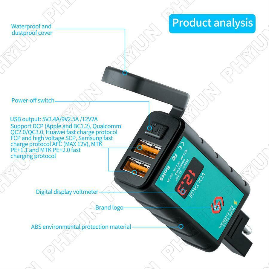 Motorcycle Scooter Dual USB Fast Charger w/ Voltmeter Power Switch SAE Socket