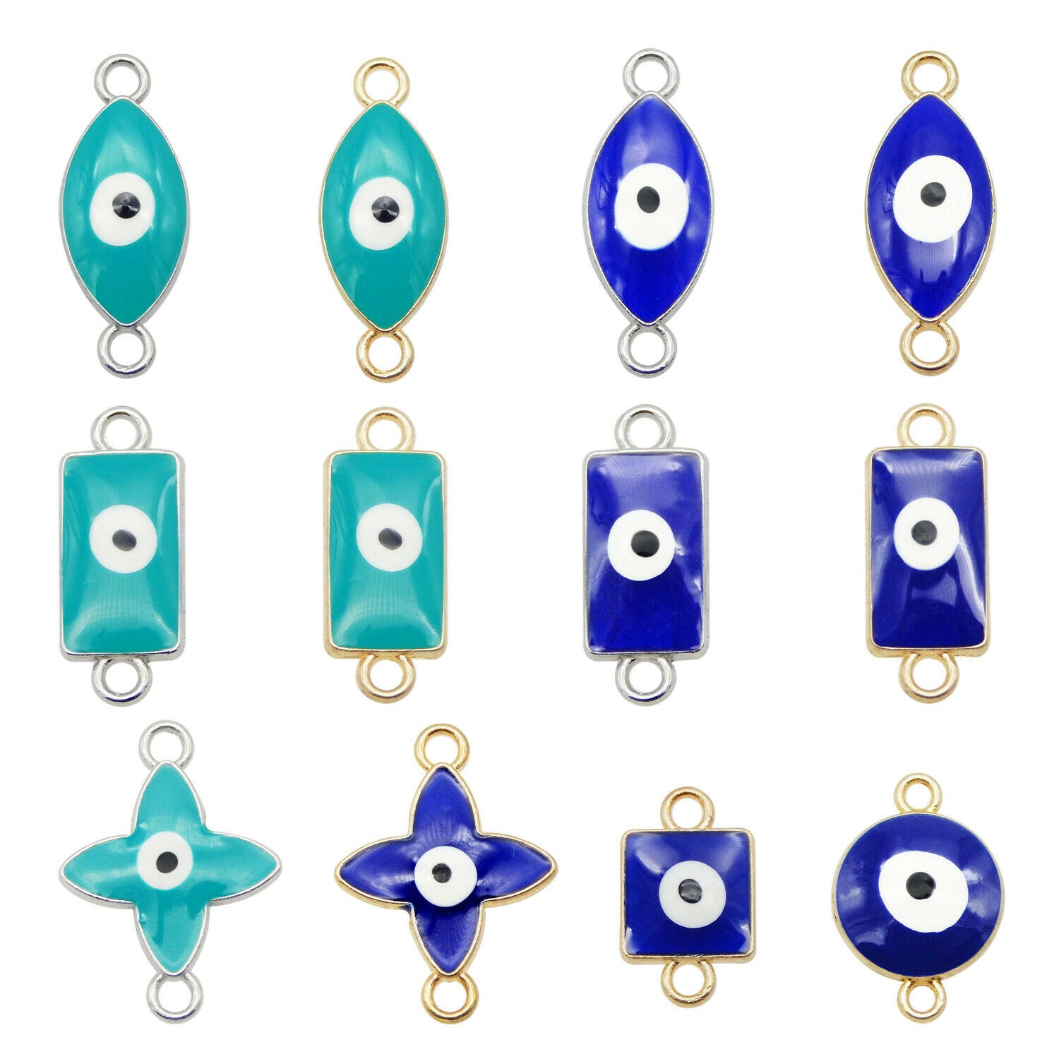 12 Mix Blue Alloy Evil Eye Enamel Charm Bracelet Pendant Connector Craft Jewelry