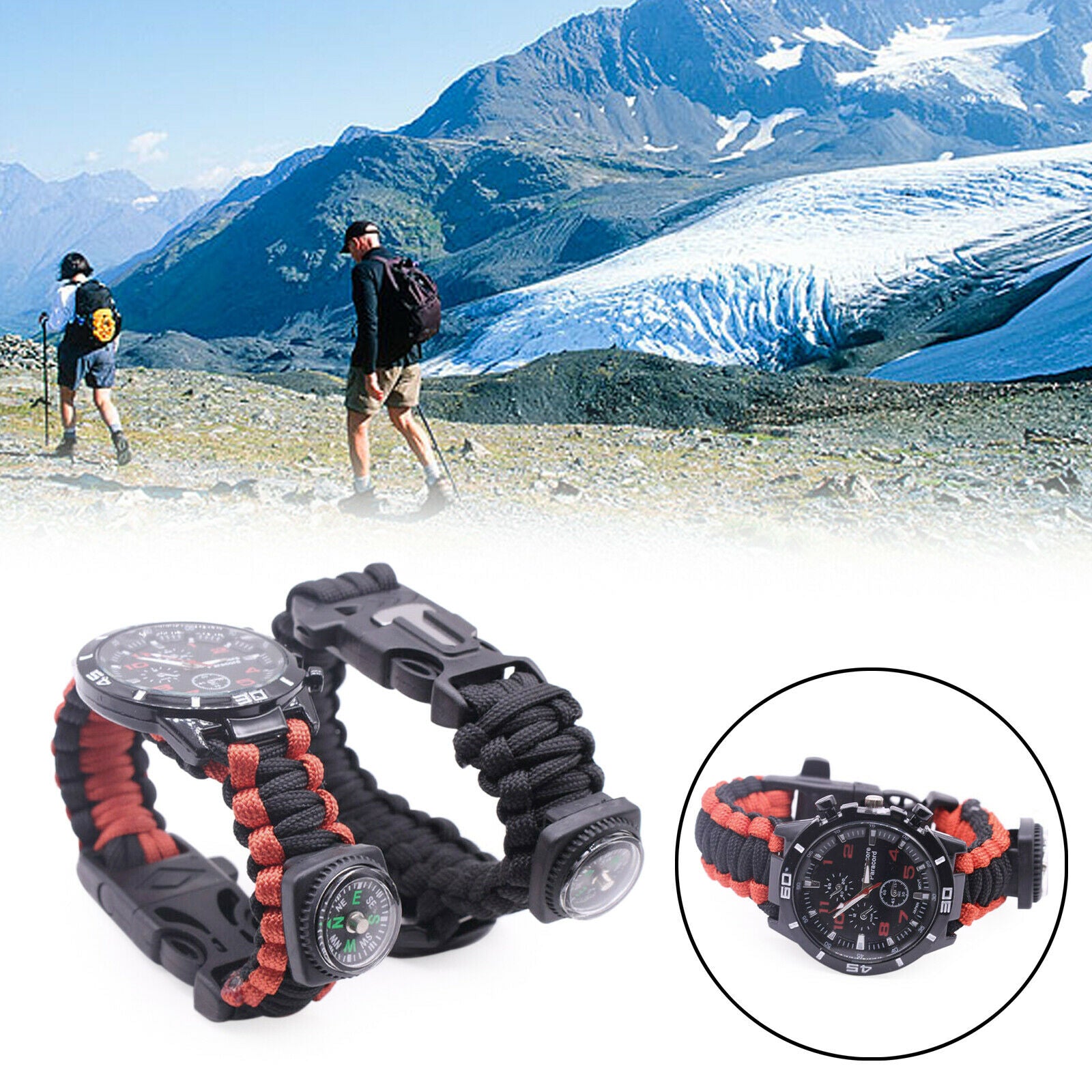 Survival Watch Bracelet Paracord Compass Flint Fire Starter Whistle Outdoor RK B
