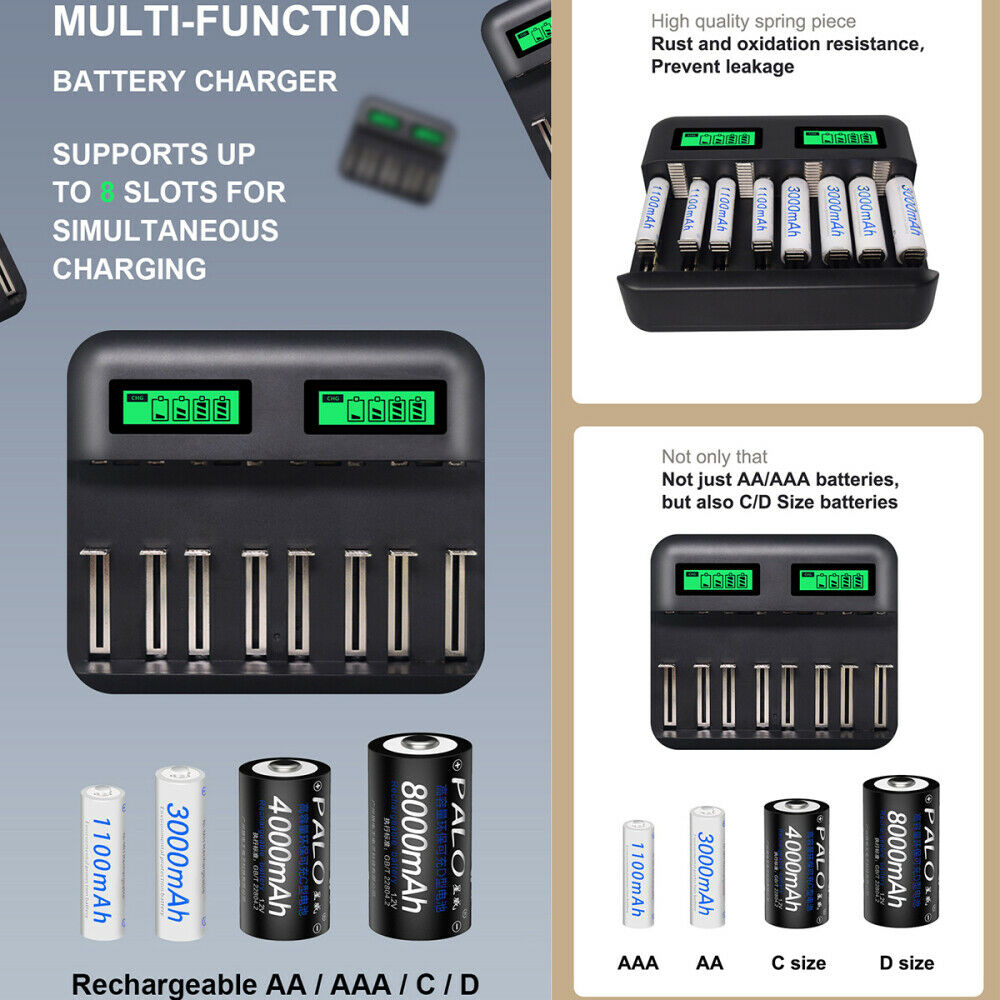 8 Slots LCD Display Usb Smart Battery Charger For D/C/AA/AAA Size Rechargeable