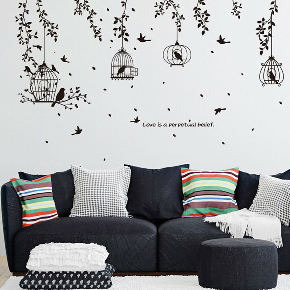 Black Bird Cage and Leaves Silhouette Patterns Wall Stickers TV wall stic.l8