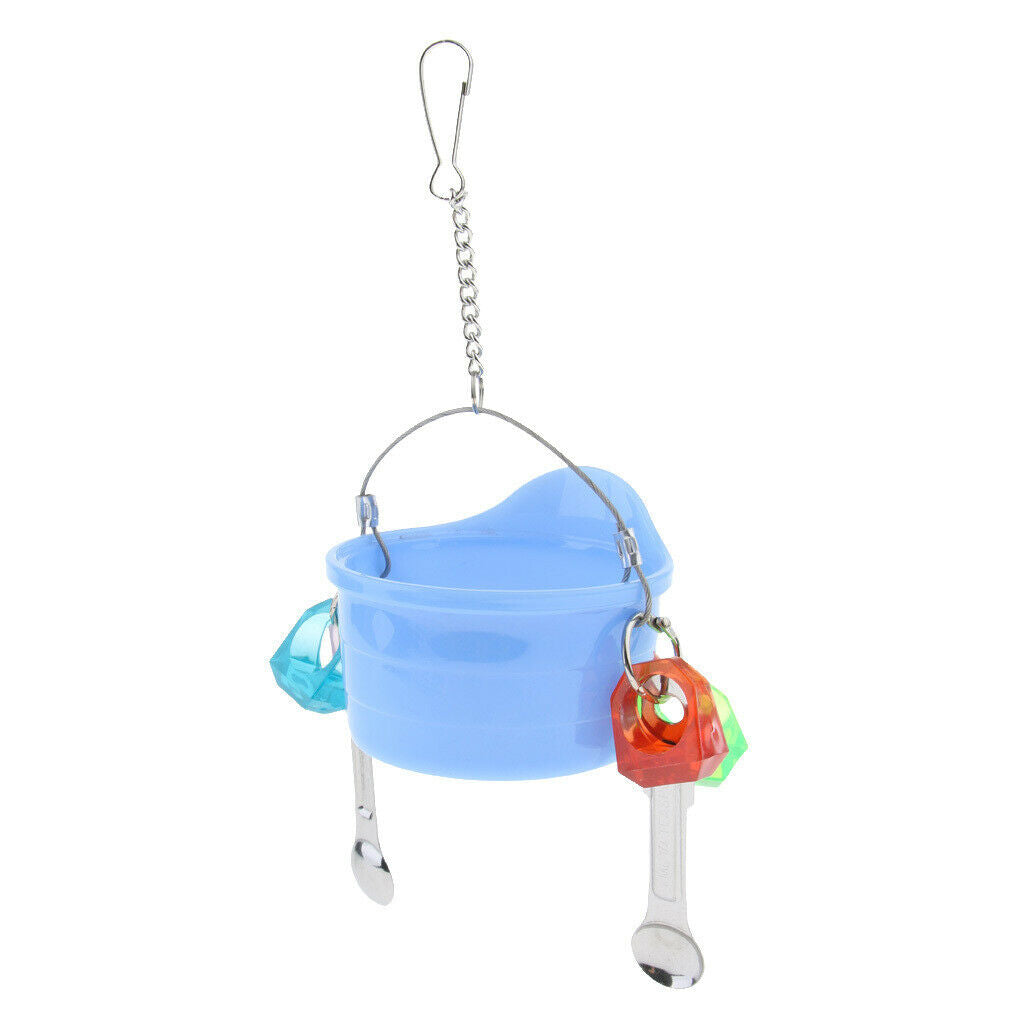 Birds Parrots Stand Hanging Plastic Food Cup Holder Swing with 2 Spoons Blue