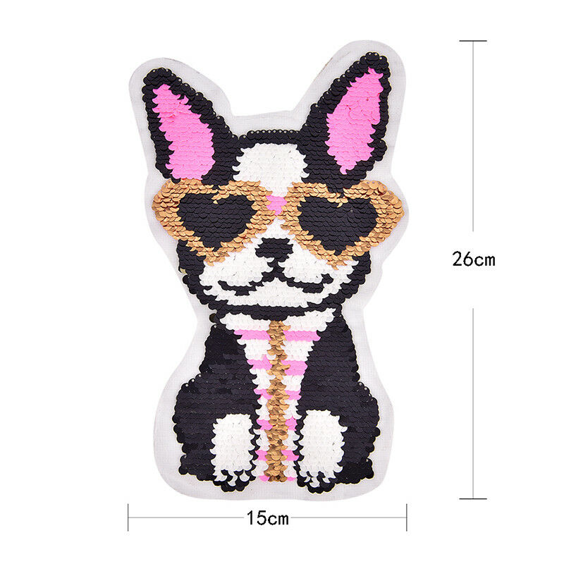 dog wearing heart glasses reversible change color sequins sew on patche.l8