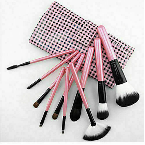 10 pcs Comestic Brushes Professional Goat Hair Makeup Set + Soft PU Hot Pink Bag
