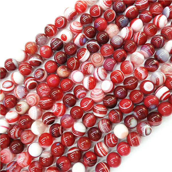 1 Strand 8mm Red&White Stripes Onyx Agate Round Ball Loose Beads 15.5inch HH9037