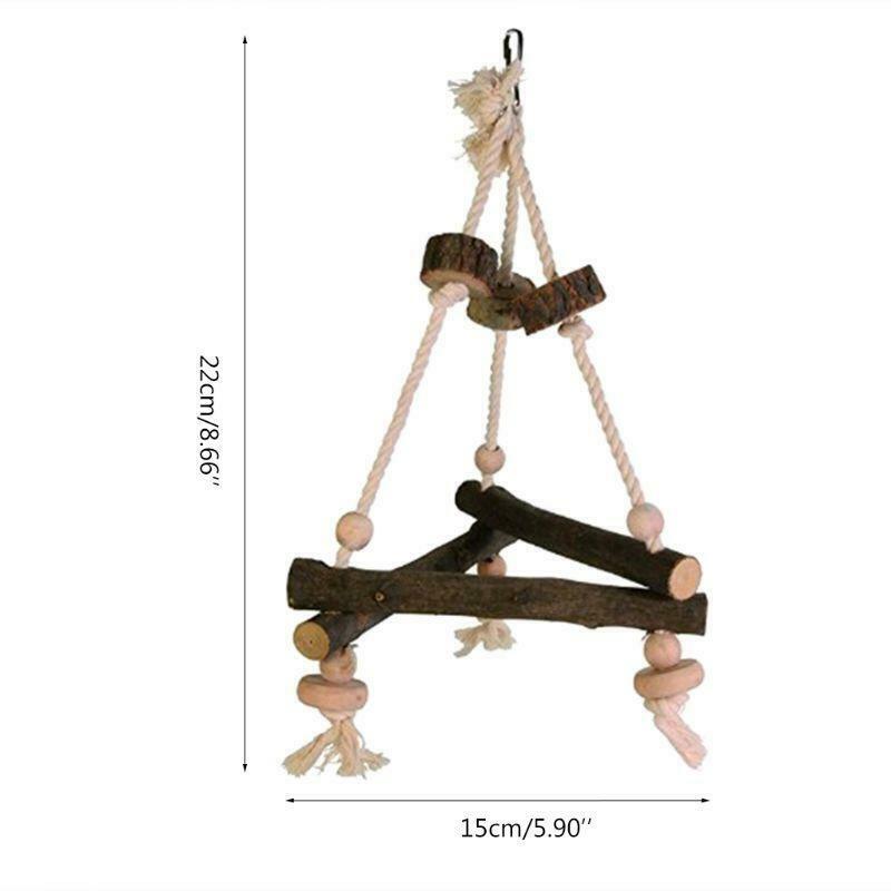 Natural Wooden Triangular Bird Swing Parakeet Bird Rope Stand Perch Chewing Toys
