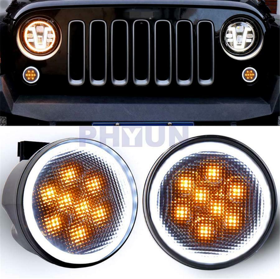 Pair LED Front Bumper Grille Turn Signal Light Halo Ring for Wrangler JK 07-18