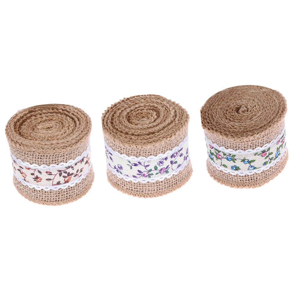3 x Rose Flower Natural Jute Burlap Ribbon Roll Wedding Holiday Party Supply