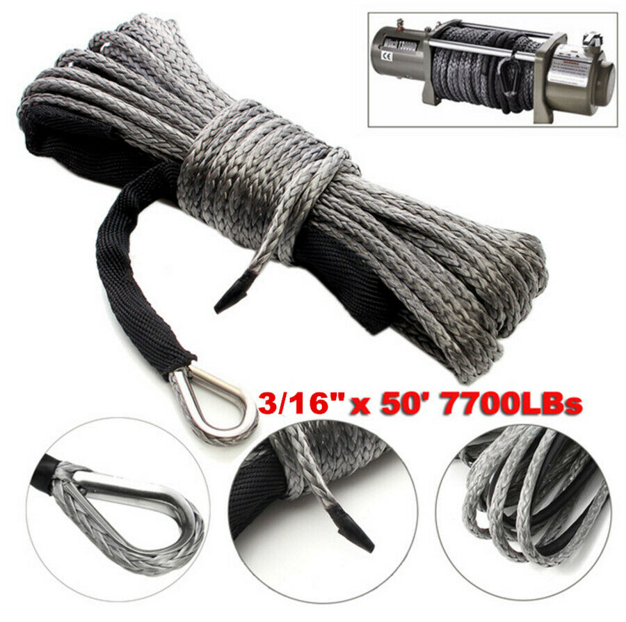 Gray 3/16'' x 50' 7700LBs Synthetic Winch Line Cable Rope with Sleeve ATV UTV